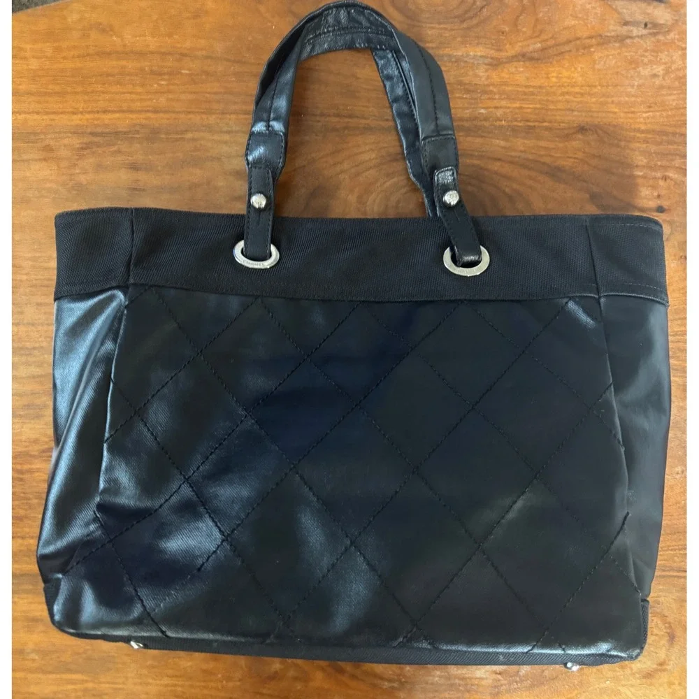 Chanel Paris Biarritz Tote Bag Black Quilted Coated Canvas Leather Silver HW